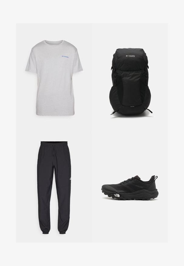 Fekete pufferezett kabát cipzáras elülső résszel, kapucnival, steppelt textúrával és Columbia logóval a mellkasán. Ellentétes mintázatú anyaggal bélelt.; Columbia NORTH CASCADES™ SHORT SLEEVE TEE - Nyomott mintás póló - grey; Fekete sportnadrág, könnyű anyagból készült, húzózsinóros derékkal, oldalsó zsebekkel és szűkített szárakkal a bokáknál.; Fekete terepfutó cipő, textúrált felső résszel, gumitalppal és megerősített lábujjrészével. Párnázott bokarésszel és húzófüllel rendelkezik a könnyű felhúzáshoz.; Fekete hátizsák lekerekített tetejével, tartós anyagból készült. Oldalsó hálós zsebekkel és esővédő címkével rendelkezik az alján.