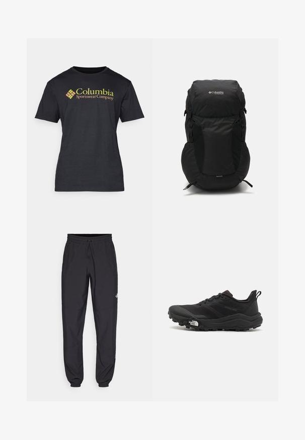 Juodas pūkuotas striukė su užtrauktuku priekyje, gobtuvu, siūtu tekstūru ir "Columbia" logotipu ant krūtinės. Išklota su kontrastinga raštuota medžiaga.; Columbia BASIC LOGO™ SHORT SLEEVE - Marškinėliai su spaudiniu - black; Juodos sportinės kelnės, pagamintos iš lengvos medžiagos, su raišteliu liemens srityje, šoniniais kišenėmis ir siaurėjantys apykaklės prie kulkšnies.; Juoda bėgimo batai su tekstūruotu paviršiumi, guma padais ir sustiprinta pirštų dalimi. Yra paminkštinta apykaklė ir kilpos, leidžiančios lengvai užsidėti.; Juodas kuprinė su apvaliu viršumi, pagaminta iš patvarios medžiagos. Yra šoniniai tinkliniai kišeniai ir lietaus apsaugos etiketas apačioje.