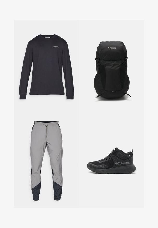 Svart pufferjakke med glidelås foran, hette, quiltet struktur og Columbia-logo på brystet. Fôret med et kontrasterende mønstrete materiale.; Langermet skjorte i koksgrå bomull, med rund hals og subtilt logo på venstre bryst, samt mansjetter på ermene.; Lettvektige, grå treningsbukser med svarte detaljer. Elastisk midjebånd, snøring, tapered benedesign og sidelommer.; Svarte tur sko med mesh overdel, teksturerte detaljer, dempet såle og fremtredende logo. Har et sikkert snøresystem og trekkhank.; Svart ryggsekk med rund topp, laget av slitesterkt stoff. Har sidelommer i mesh og en regntett dekselmerke nederst.