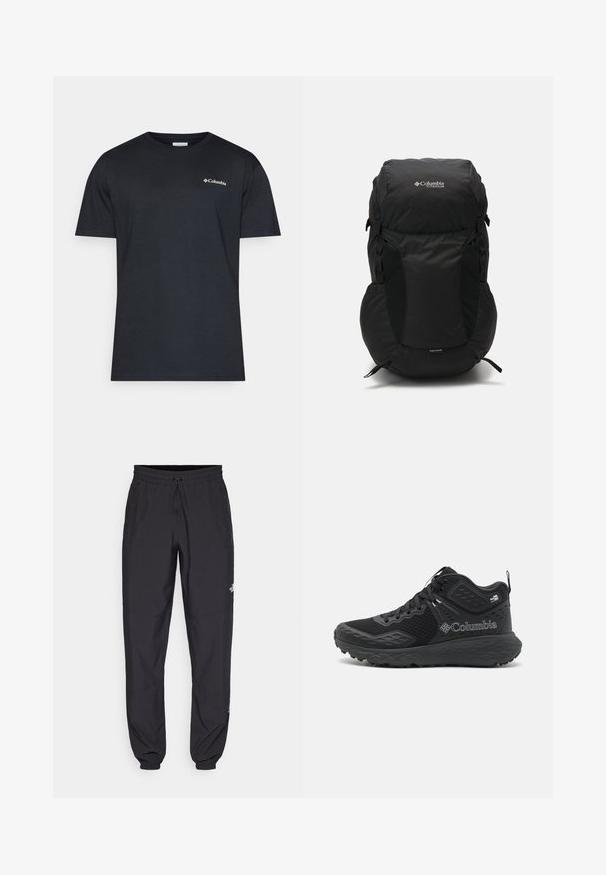 Melna pūkaina jaka ar rāvējslēdzēju priekšā, kapuci, pāršūtu tekstūru un Columbia logo uz krūškurvja. Oderēta ar kontrastējošu rakstainu materiālu.; Columbia NORTH CASCADES™ SHORT SLEEVE TEE - Apdrukāts T-krekls - black; Melni sporta bikses, kas izgatavotas no viegla auduma, ar savelcamu jostu, sānu kabatām un sašaurinātiem apakšējiem galiem pie potītēm.; Melnas pārgājienu apavus ar sieta augšdaļu, teksturētām akcentiem, mīkstinātu sole un izteiktu logotipu. Iespējas drošs sarežģītu šņorēšanas sistēma un cilpa.; Melnā mugursoma ar noapaļotu augšdaļu, izgatavota no izturīgas auduma. Tai ir sānu acs kabatas un lietus aizsargapvalks apakšā.