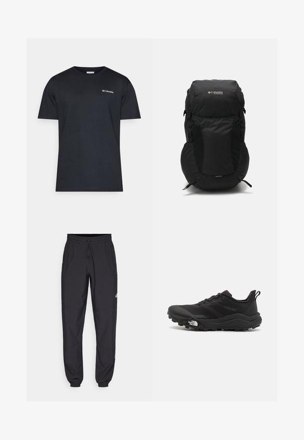 Černá péřová bunda se zipem vpředu, kapucí, prošívanou texturou a logem Columbia na hrudi. Podšívka z kontrastního vzorovaného materiálu.; Columbia NORTH CASCADES™ SHORT SLEEVE TEE - Triko s potiskem - black; Černé sportovní kalhoty vyrobené z lehké tkaniny, s páskem na šňůrku, bočními kapsami a zúženými manžetami na kotnících.; Černé trailové běžecké boty s texturovaným svrškem, gumovou podrážkou a vyztuženou špičkou. Obsahují polstrovaný límec a poutko pro snadné obouvání.; Černý batoh s kulatým vrškem, vyrobený z odolné tkaniny. Má boční síťované kapsy a štítek s ochranným obalem proti dešti na spodní straně.
