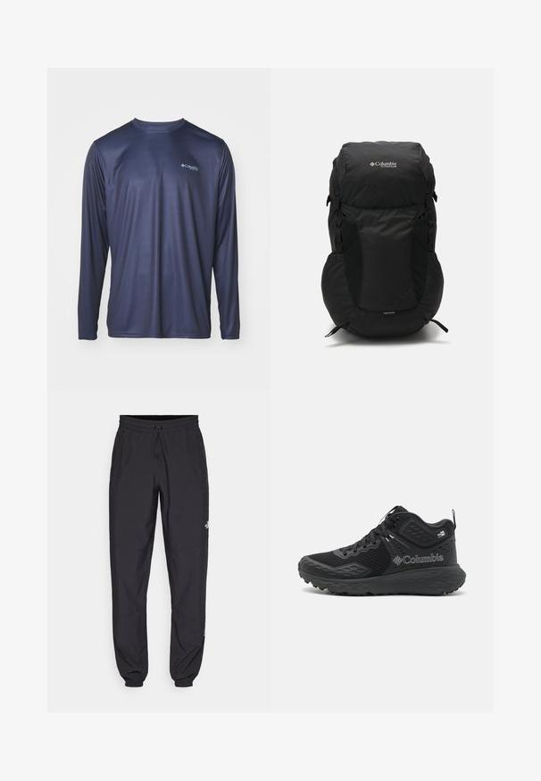 Melna pūkaina jaka ar rāvējslēdzēju priekšā, kapuci, pāršūtu tekstūru un Columbia logo uz krūškurvja. Oderēta ar kontrastējošu rakstainu materiālu.; Columbia TERMINAL TACKLE PFG LINE TIME - Tops ar garām piedurknēm - nocturnal; Melni sporta bikses, kas izgatavotas no viegla auduma, ar savelcamu jostu, sānu kabatām un sašaurinātiem apakšējiem galiem pie potītēm.; Melnas pārgājienu apavus ar sieta augšdaļu, teksturētām akcentiem, mīkstinātu sole un izteiktu logotipu. Iespējas drošs sarežģītu šņorēšanas sistēma un cilpa.; Melnā mugursoma ar noapaļotu augšdaļu, izgatavota no izturīgas auduma. Tai ir sānu acs kabatas un lietus aizsargapvalks apakšā.