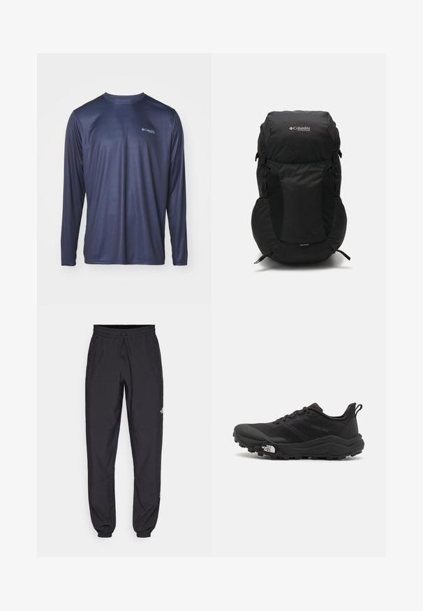 Schwarze Steppjacke mit Reißverschluss vorne, Kapuze, ge quilteter Textur und Columbia-Logo auf der Brust. Gefüttert mit einem kontrastierenden, gemusterten Material.; Columbia TERMINAL TACKLE PFG LINE TIME - Langarmshirt - nocturnal; Schwarze Sporthosen aus leichtem Stoff, mit einem Kordelzugbund, seitlichen Taschen und schmal zulaufenden Bündchen an den Knöcheln.; Schwarzer Trailrunning-Schuh mit strukturiertem Obermaterial, Gummisohle und verstärkter Zehenkappe. Verfügt über einen gepolsterten Kragen und eine Ziehlasche für einfaches Anziehen.; Schwarzer Rucksack mit runder Oberseite, aus strapazierfähigem Material gefertigt. Verfügt über seitliche Netzfächer und ein Regenhüllenetikett am Boden.