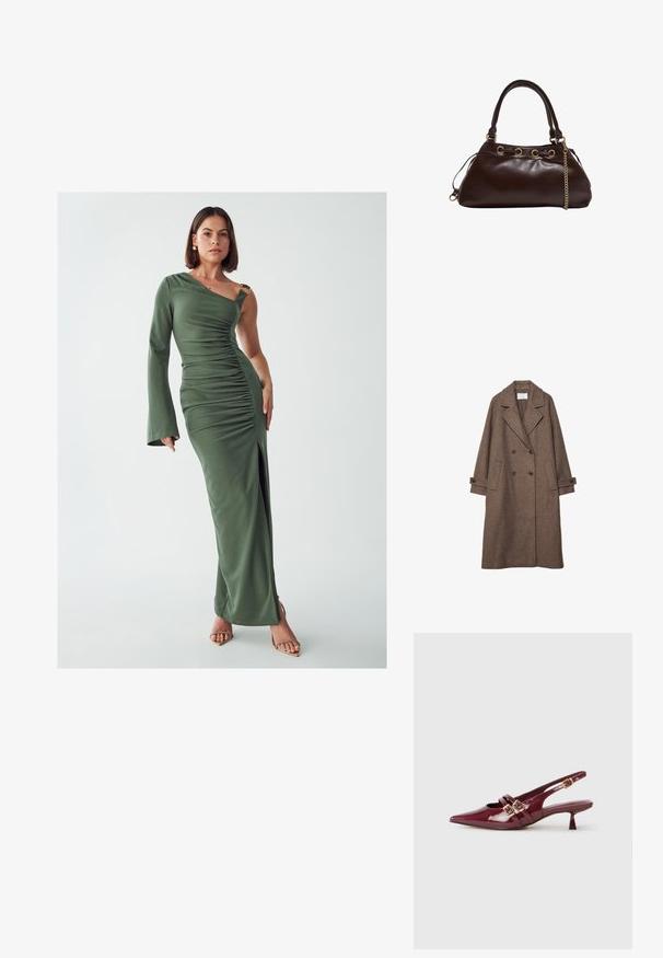 Hnedý kabát s dvojitým zapínaním z vlnenej zmesi, ktorý má veľké klopy, dve predné vrecká a vyhrnuté manžety. Texturovaný povrch s jemným vzorom.; Zelené maxi šaty s jedným ramienkom, s našitými textúrami, bočným rozparkom a zlatými akcentmi. Vyrobené z hladkej, elastickej tkaniny.; Burgundské lakované sandále s úzkym špicatým prstom, dvoma plochými popruhmi s zlatými prackami a malým podpätkom.; Tmavohnedá kožená kabelka s hladkým povrchom, s pevnou štruktúrou, zlatým kovovým doplnkom a dvojitými uchami s reťazovým detailom.
