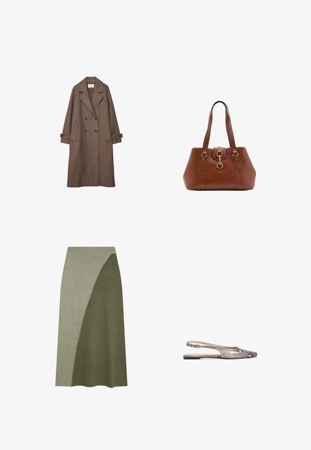 Brązowy płaszcz podwójnie zapięty z wełny z dużymi klapami, dwoma przednimi kieszeniami i podwiniętymi mankietami. Teksturowana powierzchnia z delikatnym wzorem.; Beżowy, krótkie sweter wykonany z miękkiego materiału dzianinowego. Posiada okrągły dekolt, długie rękawy oraz prążkowane mankiety i dół, co dodaje mu tekstury.; Oliwkowa spódnica o średniej długości w kroju A-linii, z teksturowanej tkaniny z diagonalnym wzorem w jaśniejszym odcieniu.; Płaskie buty slingback z motywem wężowej skóry w odcieniach beżu i czerni, z ostro zakończonym noskiem i cienkim paskiem na kostkę.; Brązowa skórzana torebka z podwójnymi uchwytami, okrągłym kształtem, złotymi okuciem i centralnym detalem z klamrą. Gładka tekstura z haftowanymi akcentami.