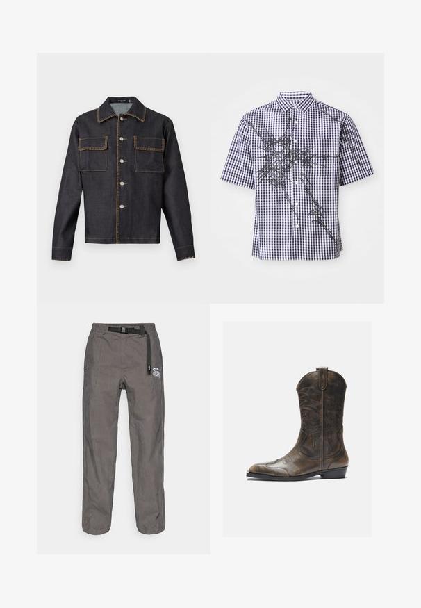 Tumša denima jaka ar apkakli, pilnu priekšpusi ar pogām, divām krūšu kabatām, kontrastējošu šuvju un garām piedurknēm.; Īsām piedurkņu pogājama krekla ar jūras zilo un baltu gingham rakstu un neregulārām melnām abstraktām grafiskām līnijām uz priekšpuses un piedurknēm.; Pelēki ikdienas bikses ar iebūvētu melnu regulējamu jostu un baltu logo grafiku labajā augšstilbā.; Brūnas ādas kovboju zābaki ar garu kāju, norādītu purngalu, sarežģītām šuvju rakstībām un mazu papēdi. Virsma ar faktūru visā zābakā.