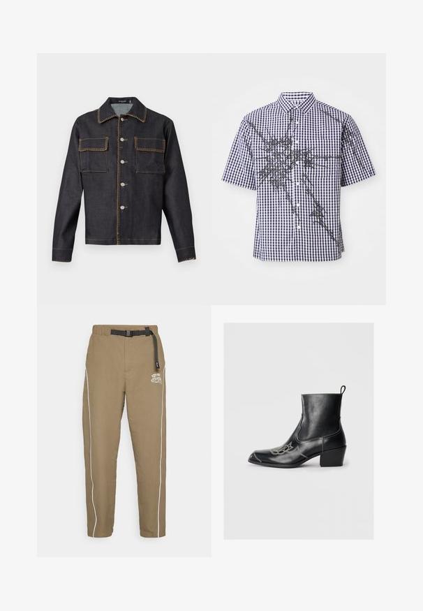 Casaco de ganga escura com colarinho, fecho frontal completo por botões, dois bolsos no peito, costura em contraste e mangas longas.; Camisa de botão de manga curta com padrão de gingham em azul-marinho e branco e linhas gráficas abstratas pretas irregulares na frente e nas mangas.; Calças caqui com um ajuste descontraído, apresentando um cinto ajustável preto, riscas laterais brancas e um logótipo na parte da frente. O tecido parece leve e texturizado.; Botas de cano baixo em pele preta com bico quadrado, costura decorativa e salto bloco baixo. Apresenta uma alça para facilitar o calçar.