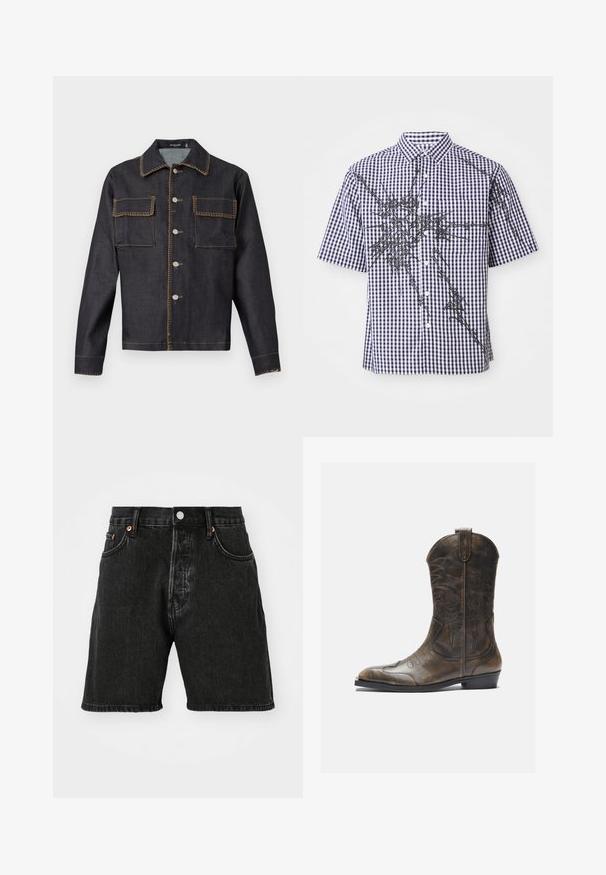 Tamsus džinsinis švarkas su apykakle, visišku priekiu užsegamu mygtukais, dviem krūtinės kišenėmis, kontrastingais siūlais ir ilgomis rankovėmis.; Trumpas rankovinis marškinėliai su tamsiai mėlynu ir baltu gingham raštu bei netaisyklingomis juodomis abstrakčiomis linijomis ant priekio ir rankovių.; Juodi džinsiniai šortai su aukštu liemeniu, penkių kišenių dizainu, variniais mygtukais ir neapdirbtu hemu. Audinys turi šiek tiek tekstūros ir blukimo efektą.; Rudos odinės kaubojų botai su aukšta ašimi, smailiu pirštu, sudėtingomis siuvimo raštais ir mažu kulnu. Tekstūruotas paviršius visame ilgyje.
