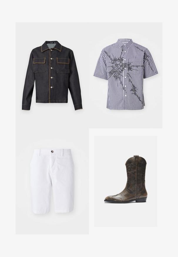 Mørk denimjakke med krage, hel frontlukking med knapper, to brystlommer, kontraststing og lange ermer.; Kortermet skjorte med knappestolpe i marineblå og hvit gingham-mønster, og uregelmessige svarte abstrakte grafiske linjer på forsiden og ermene.; Hvite bomullsshorts med rett snitt, to frontlommer og en enkelt knappelukking i livet. Glatt tekstur, kne-lengde design.; Brune lær cowboy støvler med høy skaft, spiss tå, intrikate broderimønstre og en liten hæl. Teksturert finish overalt.