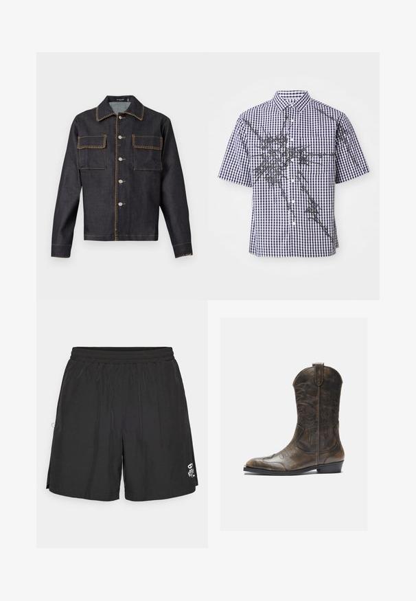 Dark denim jacket with a collar, full front button closure, two chest pockets, contrasting stitching, and long sleeves.; Short-sleeve button-up shirt with navy and white gingham pattern and irregular black abstract graphic lines across front and sleeves.; Black elastic waist shorts with a small white graphic on the lower front side, designed for casual or sportswear.; Brown leather cowboy boot with a tall shaft, pointed toe, intricate stitching patterns, and a small heel. Textured finish throughout.