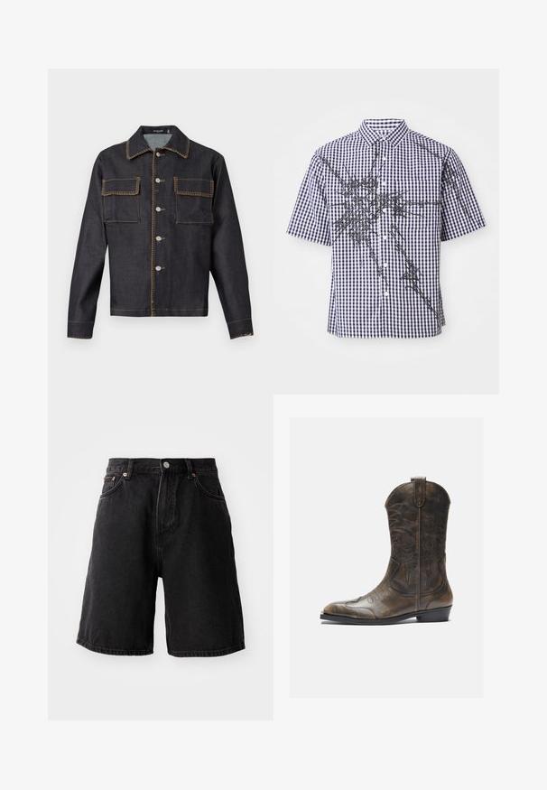 Ciemnoniebieska dżinsowa kurtka z kołnierzykiem, pełnym zapięciem na guziki z przodu, dwoma kieszeniami na piersi, kontrastującymi szwami i długimi rękawami.; Koszula z krótkim rękawem, zapinana na guziki, w granatową i białą kratę gingham, z nieregularnymi czarnymi abstrakcyjnymi liniami graficznymi na przodzie i rękawach.; Czarne szorty dżinsowe o luźnym kroju, z miedzianymi akcentami, pięcioma kieszeniami i prostym dołem. Tkanina ma miękką, teksturowaną powierzchnię.; Brązowy skórzany kowbojski but z wysoką cholewką, spiczastym noskiem, skomplikowanymi wzorami haftu i małym obcasem. Teksturalne wykończenie na całej powierzchni.