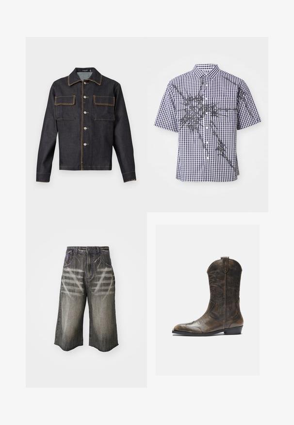 Tumša denima jaka ar apkakli, pilnu priekšpusi ar pogām, divām krūšu kabatām, kontrastējošu šuvju un garām piedurknēm.; Īsām piedurkņu pogājama krekla ar jūras zilo un baltu gingham rakstu un neregulārām melnām abstraktām grafiskām līnijām uz priekšpuses un piedurknēm.; Tumši pelēki džinsu šorti ar izbalējušu dizainu. Funkcijas krasi purpursarkani diegi un brīvu, plašu siluetu.; Brūnas ādas kovboju zābaki ar garu kāju, norādītu purngalu, sarežģītām šuvju rakstībām un mazu papēdi. Virsma ar faktūru visā zābakā.