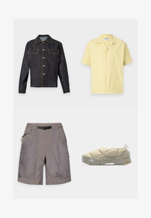 Ciemnoniebieska dżinsowa kurtka z kołnierzykiem, pełnym zapięciem na guziki z przodu, dwoma kieszeniami na piersi, kontrastującymi szwami i długimi rękawami.; Żółta koszula z krótkim rękawem wykonana z bawełny. Posiada kołnierz w stylu camp, guziki z przodu oraz luźny krój. Gładka faktura i jednolity kolor.; Szare szorty outdoorowe z elastycznym pasem, wbudowanym czarnym regulowanym paskiem, przednią kieszenią na zamek błyskawiczny oraz dwiema bocznymi kieszeniami.; Beżowe kapcie w pikowanym stylu z szarą podeszwą Vibram, o zaokrąglonym kształcie i tylnej pętli. Posiadają logo z boku oraz teksturowaną powierzchnię górną.