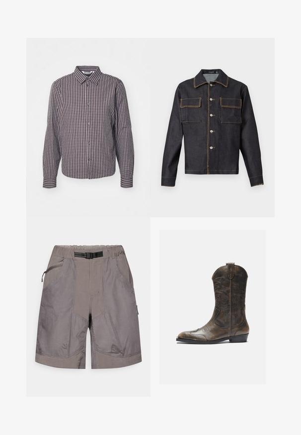 Dunkelblaue Jeansjacke mit Kragen, durchgängiger Knopfleiste, zwei Brusttaschen, kontrastierenden Nähten und langen Ärmeln.; Langarmhemd mit Knopfleiste, vertikal und horizontal gestreiftes Muster in Marineblau und Burgunderrot, mit Kragen und zwei vorderen Knöpfen.; Graue Shorts für draußen mit elastischem Bund, integriertem verstellbarem schwarzen Gürtel, einer vorderen Reißverschlusstasche und zwei Seitentaschen.; Braune Leder-Cowboystiefel mit hohem Schaft, spitzem Zehenbereich, aufwendigen Stickmustern und kleinem Absatz. Strukturierte Oberflächenbeschaffenheit.