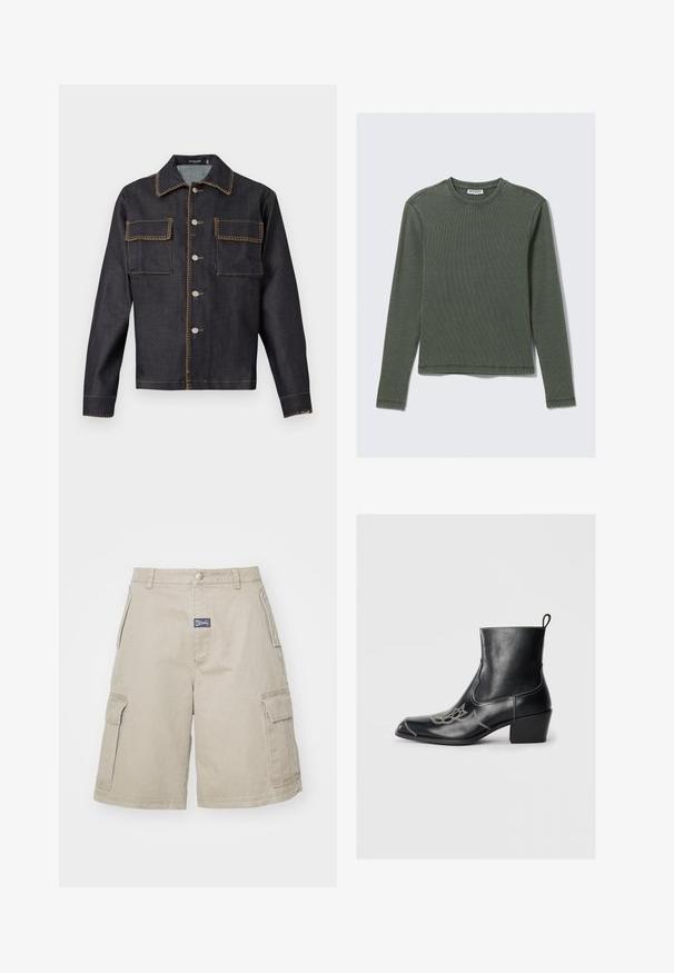 Tumša denima jaka ar apkakli, pilnu priekšpusi ar pogām, divām krūšu kabatām, kontrastējošu šuvju un garām piedurknēm.; Tumši zaļš, garu piedurkņu ribota blūze ar apaļu izgriezumu un taisnu apakšmalu. Izgatavota no mīkstas auduma, ar minimālām šuvēm un bez redzamām rakstu detaļām.; MISBHV PERFECT - Šorti - beige; Melnas ādas potītes zābaki ar kvadrātveida purngaliem, dekoratīvu dūrienu un zemu blokveida papēdi. Iekļauts vilkšanas cilpiņa vieglai uzvilkšanai.