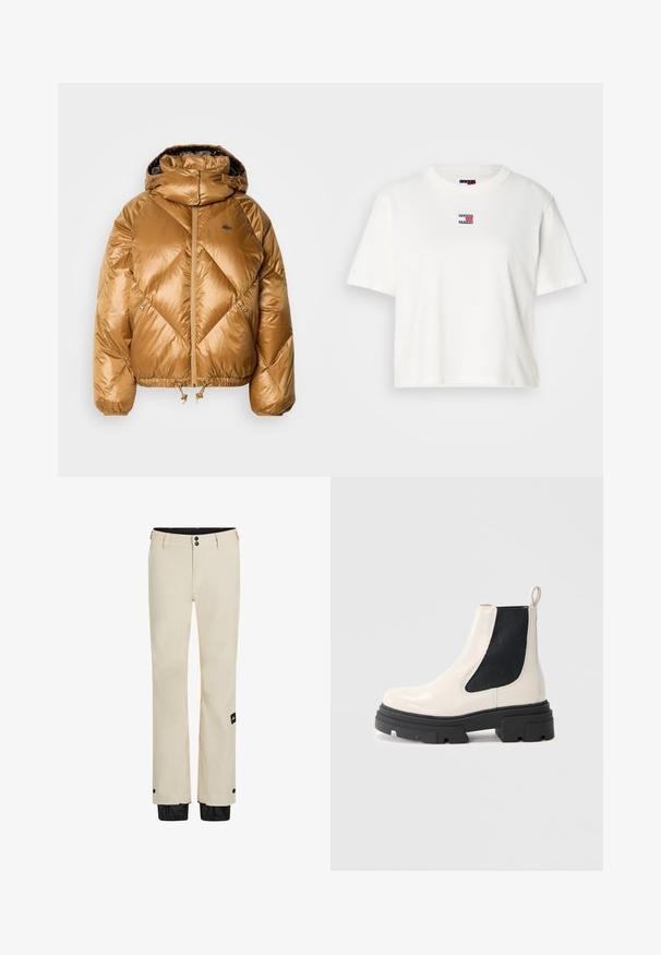 Dikke, goudbruin jack met capuchon, diagonaal quilted textuur, rits aan de voorkant, verstelbare onderkant en een geborduurd logo op de borst.; Witte katoenen t-shirt met een ronde hals en korte mouwen. Voorzien van een klein kleurrijk logopatch met rode, blauwe en witte accenten op de borst.; Beige waterdichte broek met twee knoopsluitingen, een ritssluiting en een zwarte verstelbare zoom. Voorzien van een logo-tag op het linkerbeen.; Crème leren Chelsea boot met dikke zwarte zool en elastisch zwart zijpaneel tegen een plain witte achtergrond.