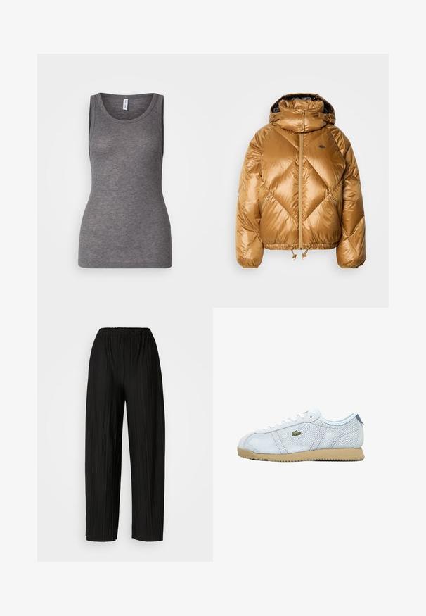 Chaqueta acolchada en color marrón dorado con capucha, textura de rombos, cierre frontal con cremallera, dobladillo ajustable y logo bordado en el pecho.; Samsøe Samsøe SONNET TANK - Top - grey; Pantalones anchos de pierna amplia, de color negro, con una cintura elástica. La tela presenta pliegues verticales y una textura suave.; Zapatillas de malla azul claro con suela de goma beige, cordones blancos y detalle del logo en verde. Presentan una puntera redonda y paneles laterales texturizados.