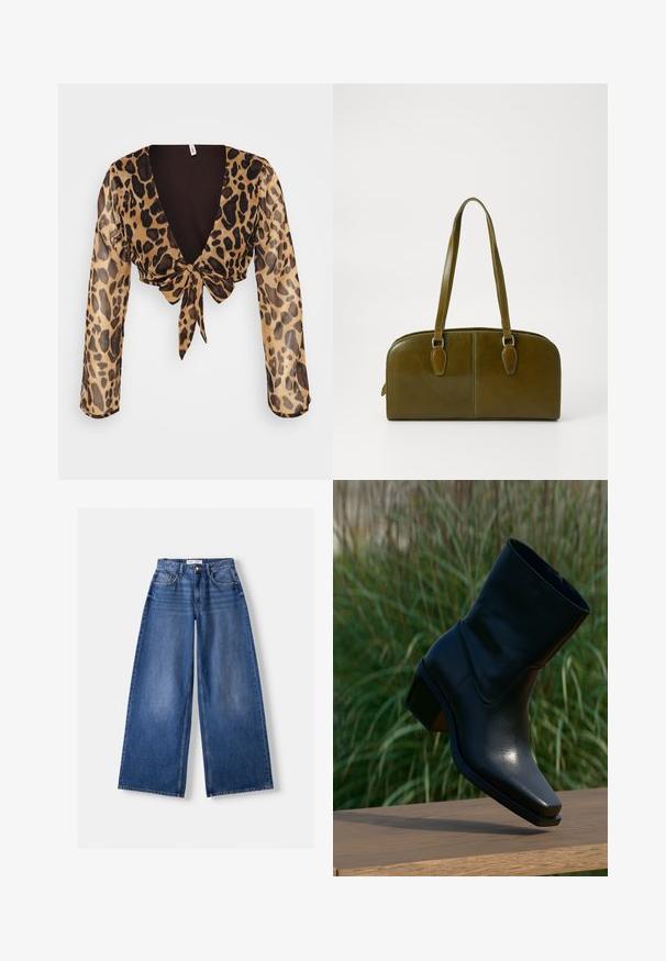 Mornarsko volneno blago z teksturirano površino in rahlim sijajem. Ima okrogle črne gumbe ob robu, ki prikazujejo poenostavljen dizajn.; Kratka majica z leopardjim vzorcem iz lahke, prosojne tkanine. Ima dolge rokave, globok V-izrez in zavezano spredaj. Barvna shema v rjavi in svetlo rjavi.; Bershka WIDE-LEG - Široke hlačnice - dark blue; Črne usnjene gležnjarje s koničastim nosom, nizko blokasto peto, gladko teksturo in minimalističnim šivom. Zadrga je vidna na hrbtni strani.; Olive zelena usnjena torba v zaokroženi obliki, z dvojnimi ročaji in brezšivnim sprednjim delom. Ima gladko teksturo in subtilne šive.