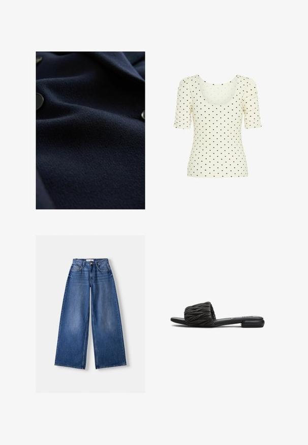 Marineblaues Wollgewebe mit strukturierten Oberflächen und subtiler Glanz. Beinhaltet runde schwarze Knöpfe entlang des Randes, die ein elegantes Design zeigen.; Cremfarbener Oberteil mit kurzen Puffärmeln, ausgestattet mit einem runden Ausschnitt und einer gerippten Textur, verziert mit kleinen braunen Punkten.; Bershka WIDE-LEG - Wide Leg - dark blue; Schwarze Rutsch-Sandale mit einem gesteppten Obermaterial, flacher Sohle und minimalistischem Design. Hergestellt aus synthetischem Material mit glatter Oberfläche und ohne sichtbare Hardware.