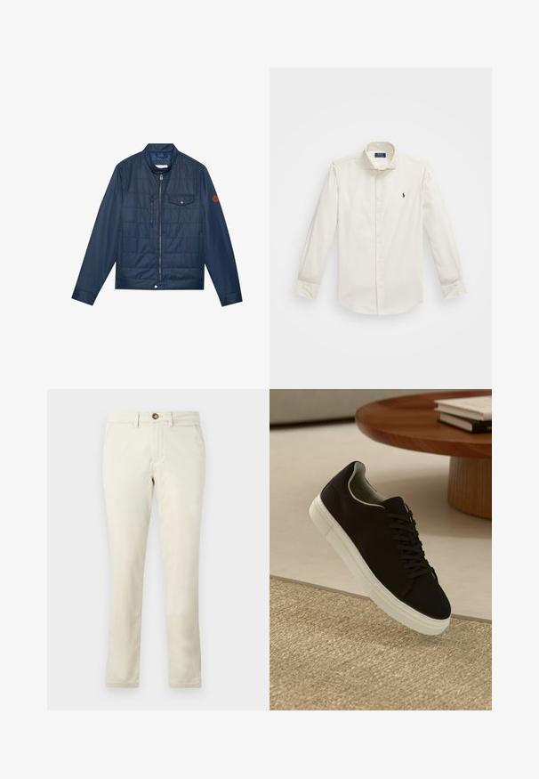 Mörkblå isolerad jacka med dragkedja, ribbad krage, bröstficka och logodetalj på ärmen. Slät textur och vadderad design.; Vit långärmad skjorta i bomull med krage som knäpps, en bröstficka och en liten marinblå logga på vänster sida.; Beiga bomullschinos med rak bendesign, som har en framknäppning, två sidofickor och ett slätt, något strukturerat tyg.; Svart sneakers med vit sula svävande över en beige texturerad matta nära ett runt träbord med staplade böcker.