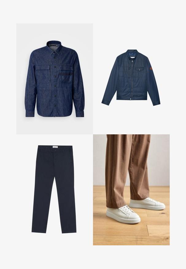 Casaco isolado azul marinho com fecho de correr, gola canelada, bolso no peito e detalhe do logótipo na manga. Textura suave e design acolchoado.; Camisa de ganga para homem, azul escuro, mangas longas, fecho com botões à frente, dois bolsos no peito, bolso com detalhe texturizado, tecido liso.; Chinos azul-marinho feitos de algodão com uma textura suave, apresentando um fecho de correr, passantes para cinto e bolsos laterais para funcionalidade.; Pessoa a usar ténis brancos texturizados de cano baixo e calças castanhas largas, em pé num chão de madeira clara.
