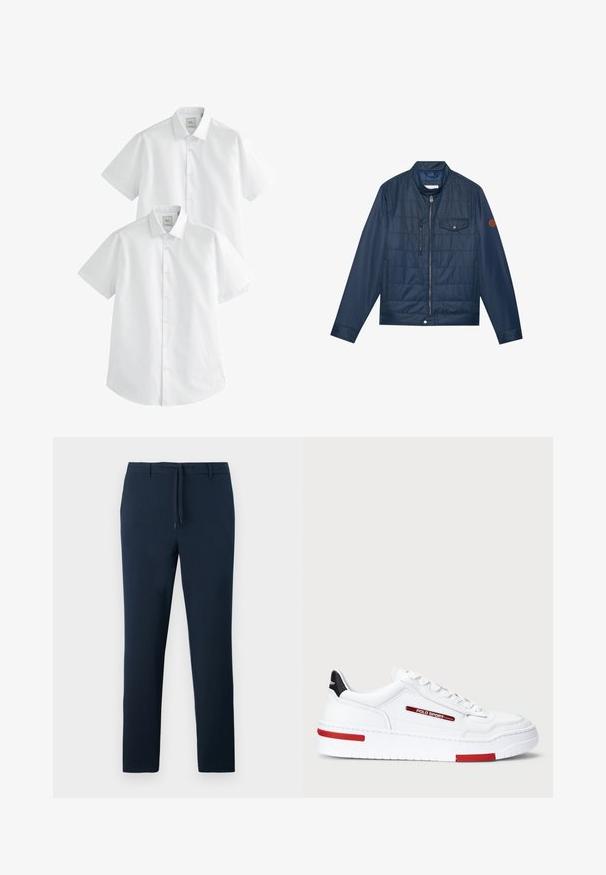 Marineblå isoleret jakke med lynlås, ribbet krave, brystlomme og logodetalje på ærmet. Glat tekstur og polstret design.; Hvide kortærmede skjorter i pakke med to, med button-down kraver og en glat bomuldsstruktur, designet til afslappet brug.; Mørkeblå bukser lavet af et struktureret stof, med en lige ben-design, forlommer og en elastisk talje med snor.; Hvide lave sneakers med en glat læderoverflade, præget af røde og sorte detaljer, syede elementer og en tyk hvid sål.