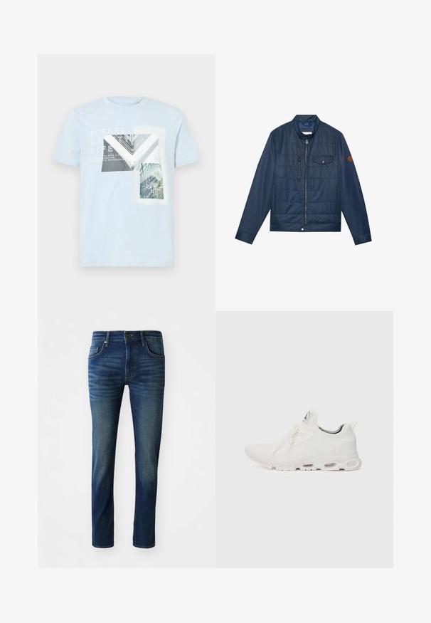 Marineblå isolert jakke med glidelås, ribbet krage, brystlomme og logodetalj på ermet. Glatt tekstur og polstret design.; Lyseblå bomulls-T-skjorte med grafiske trykk av arkitektoniske elementer og natur, med hvit tekstoverlegg og korte ermer.; Mørkeblå denimbukser med slim fit, som har fem lommer, en frontknap-lukning og en subtil falmet tekstur på benene.; Hvite atletiske sko med et teksturert strikket overdel, flate snører og en polstret såle med synlige luftkamre for ekstra støtte.