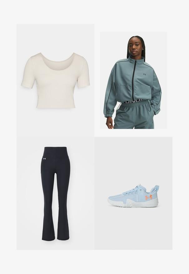 Chaqueta corta de color azul claro con cuello alto, cierre con cremallera, detalles de ribete negro y un logo de Under Armour en el lado izquierdo del pecho.; Top corto de manga corta en tejido de canalé beige claro. Presenta un escote ancho y un ajuste ceñido, enfatizando una textura lisa.; Pantalones de entrenamiento acampanados negros, fabricados en un material elástico, con una cintura alta y un bolsillo lateral. El logo se encuentra en la parte delantera.; Zapatilla deportiva de color azul claro hecha de material de malla con una suela texturizada, que presenta un logo naranja y un diseño de cordones.