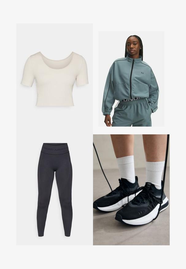 Light blue cropped jacket with a high collar, zip closure, black piping details, and an Under Armour logo on the left chest.; Short-sleeve, cropped top in light beige ribbed fabric. Features a wide scoop neckline and a snug fit, emphasizing a smooth texture.; Black leggings with a high elastic waistband featuring "UNDER ARMOUR" text. Smooth texture with subtle pattern accents along the legs.; Black athletic shoes with textured fabric, white sole, and black laces. Worn with white ribbed socks, standing on a light surface.