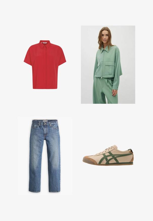 Mintgrüner, taillierter Blazer mit Kragen, Vorderreißverschluss und zwei großen aufgesetzten Taschen; aus einem glatten, leichten Stoff gefertigt.; Rotes kurzärmeliges Hemd aus leichtem Stoff, mit einem Button-Down-Kragen und geradem Schnitt. Glatte Textur ohne Muster.; Hellblaue Jeans aus Denim, mit geradem Bein, weich eingestellter Taille, fünf Taschen, farblich passendem Nähen und Knopfverschluss.; Beige Leder-Sneaker mit grünen Akzenten, runder Zehenpartie, flacher Sohle und Wildlederdetails an der Zehenkappe und Ferse.