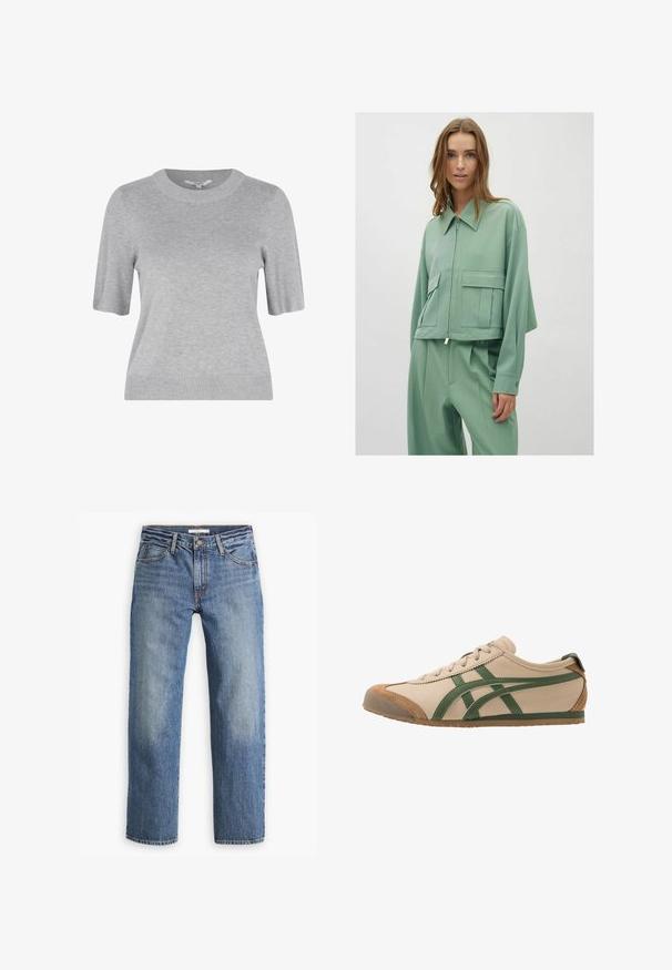 Mintgroene cropped jack met een kraag, voorrits en twee grote opgestikte zakken; gemaakt van een gladde, lichte stof.; Grijze gebreide trui met korte mouwen, een ronde halslijn en geribbelde manchetten. De stof heeft een gladde textuur en een eenvoudig, strak design.; Lichtblauwe denim jeans, met rechte pijpen, middelhoge taille, vijf zakken, tonale stiksels en een knoopsluiting.; Beige leren sneaker met groene accenten, voorzien van een ronde neus, platte zool en suède details op de neus en hiel.