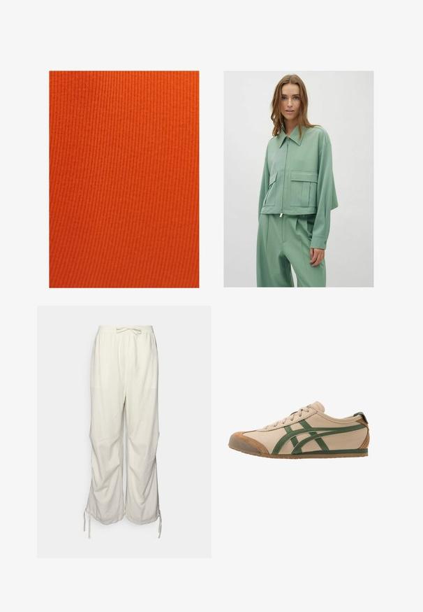 Miętowa, krótka kurtka z kołnierzykiem, zamkiem z przodu i dwiema dużymi naszytymi kieszeniami; wykonana z gładkiego, lekkiego materiału.; OXXO - Top; Spodnie z mieszanki lnu w kolorze off-white z elastycznym pasem, sznurkiem do regulacji oraz bocznymi rozcięciami na końcach dla możliwości dopasowania.; Beżowe skórzane trampki z zielonymi akcentami, z okrągłym czubkiem, płaską podeszwą i zamszowymi detalami na czubku i pięcie.