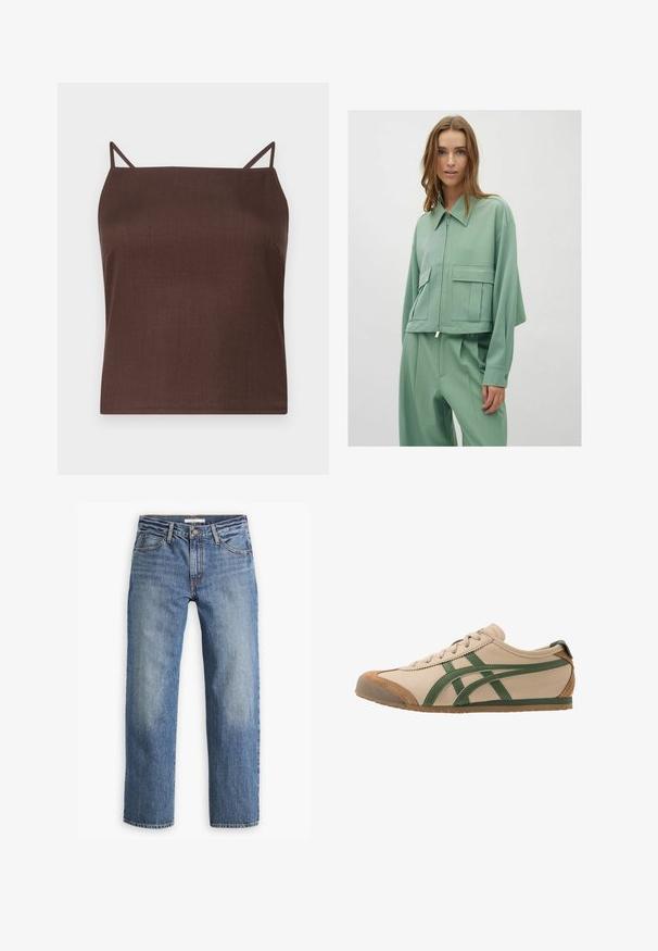 Mintgroene cropped jack met een kraag, voorrits en twee grote opgestikte zakken; gemaakt van een gladde, lichte stof.; Bruine, mouwloze top met dunne bandjes; gemaakt van een gladde, matte stof; rechte snit met een rechte zoom; minimalistisch ontwerp zonder patronen.; Lichtblauwe denim jeans, met rechte pijpen, middelhoge taille, vijf zakken, tonale stiksels en een knoopsluiting.; Beige leren sneaker met groene accenten, voorzien van een ronde neus, platte zool en suède details op de neus en hiel.