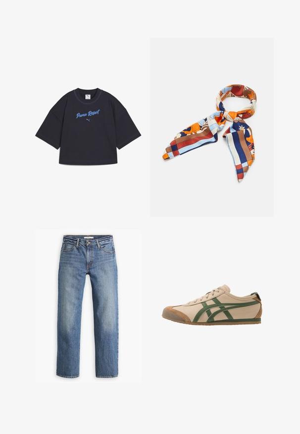 Myntgrön kort jacka med krage, framdragkedja och två stora påsydda fickor; tillverkad av ett slätt, lätt tyg.; Mörk marinblå oversized t-shirt i bomull. Har "Puma Resort" broderat i ljusblått på framsidan, med rund halsringning och korta ärmar.; Ljusblå denimjeans, rak bendesign, midja i medelhöjd, fem fickor, ton i ton-sömmar och en knappgylf.; Beige lädersneaker med gröna accenter, med rundad tå, platt sula och mockadetaljer på tåskyddet och hälen.; Sidenhalsduk med ett färgglatt blommigt och geometriskt mönster i nyanser av orange, blått, brunt och grädde. Trekantiga ändar med en mjuk textur.