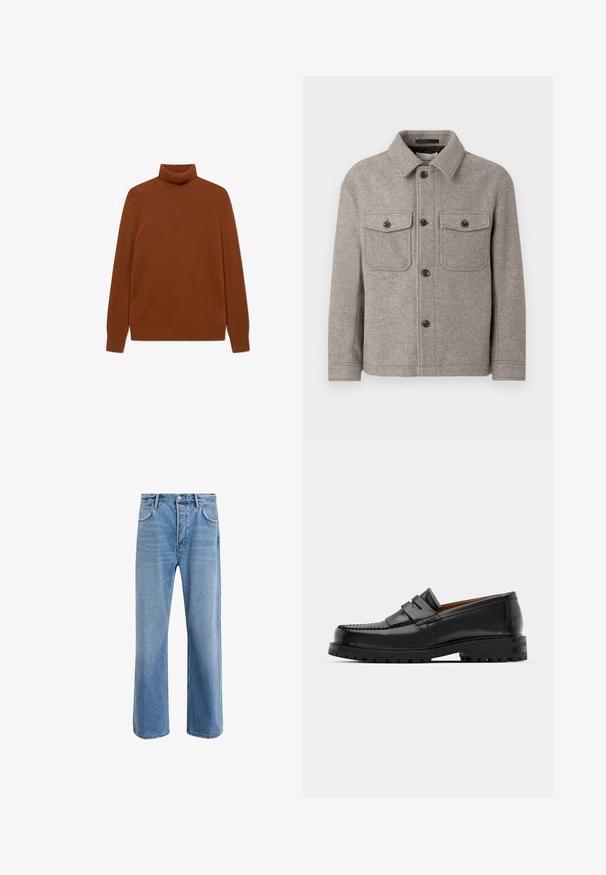 Casaco cinza em mistura de lã com colarinho pontudo, dois bolsos no peito, fecho frontal com botões e mangas longas. Superfície texturizada e design clássico.; Suéter de gola alta em castanho com uma textura canelada. Mangas longas e design ajustado, adequado para sobreposição. Material macio e quente.; Calças de ganga azul claro com um design de perna reta, cinco bolsos, fecho de botão, desgaste mínimo e detalhes de costura em contraste.; Os mocassins de couro preto apresentam uma costura elevada, duas tiras decorativas na parte superior e uma sola grossa e texturizada para maior aderência.