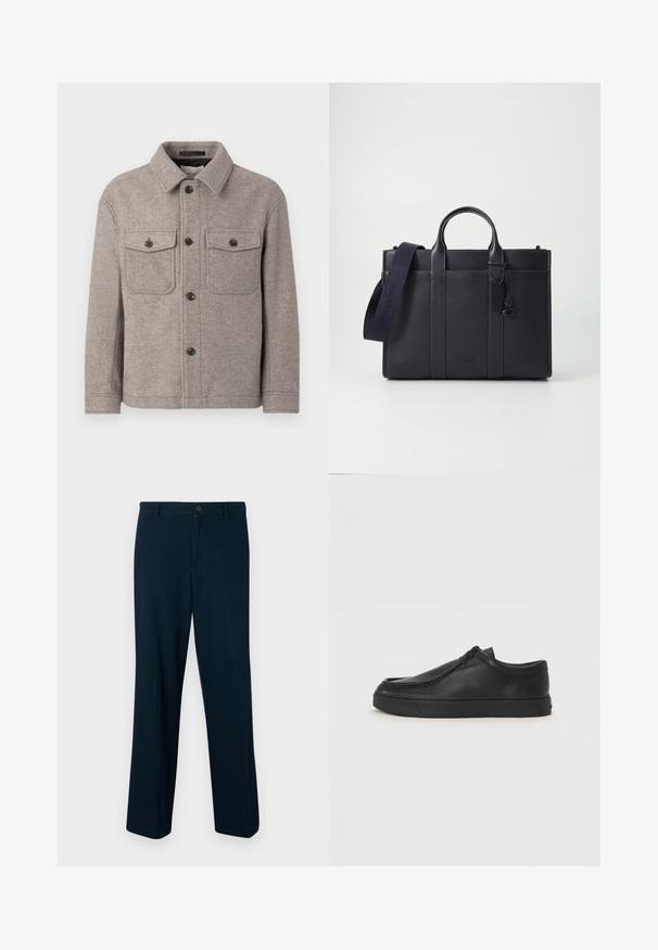 Grau melierte Wollmischjacke mit spitzem Kragen, zwei Brusttaschen, vorderem Knopfverschluss und langen Ärmeln. Strukturiert Oberfläche und klassisches Design.; Weißes Baumwoll-T-Shirt mit kurzen Ärmeln, rundem Halsausschnitt und lockerer Passform. Minimalistisches Design, ohne Muster oder Akzente.; Marineblaue Hose aus glattem Stoff mit Knopfverschluss, geradem Bein und minimaler Gestaltung.; Schwarze Leder-Schlupfschuhe mit runder Zehenform, genähten Details und schwarzer Gummisohle. Glatte Textur mit minimalistischem Design.; Dunkelblaues Lederaktentasche mit doppelten oberen Griffen und einem abnehmbaren Gurt. Merkmale sind die strukturierte Oberfläche, vertikale Nähte und das Logo-Detail.
