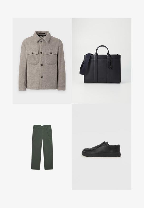 Gray wool blend jacket with a pointed collar, two chest pockets, front button closure, and long sleeves. Textured surface and classic design.; Black long-sleeve t-shirt made of cotton, featuring a round neckline and a small green embroidered crocodile logo on the left chest.; Dark green cotton trousers with a straight leg design, front pockets, and a button closure at the waist. Smooth texture, no patterns.; Black leather slip-on shoe with a rounded toe, stitched detailing, and black rubber sole. Smooth texture with minimalistic design.; Dark navy leather briefcase with dual top handles and a detachable strap. Features textured finish, vertical stitching, and logo detail.