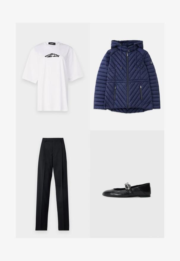 Navy blue quilted hooded jacket with front zipper, two zippered pockets, drawstrings, and logo on left sleeve.; White cotton t-shirt featuring a crew neck, short sleeves, and a black "ICON" logo printed across the chest. Smooth texture.; Black trousers made from smooth fabric featuring a high waist, wide legs, front pleats, and classic belt loops. No side pockets visible.; Black leather ballet flats with a pointed toe, featuring a strap with a circular metallic buckle and a flat sole.