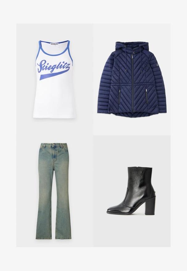 Námořnická modrá prošívaná bunda s kapucí, předním zipem, dvěma kapsami na zip, šňůrkami a logem na levém rukávu.; Bílý top na ramínka s modrým lemem, na přední straně s velkým modrým potiskem "Stieglitz". Vyrobeno z hladkého, lehkého materiálu.; Světle modré džíny s rozšířenými nohavicemi a vysokým pasem, s pěti kapsami a zipem. Čistý, vybledlý vzhled s jemnými detaily v šití.; Černé kožené kotníkové boty s hladkou texturou, špičatou špičkou a robustním vysokým podpatkem. Mají boční otvor a minimalistický design.
