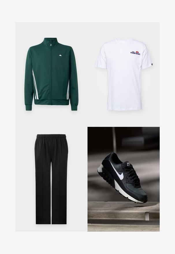 Zelena trenirka na zip s visokim ovratnikom, bijelim bočnim trakama i logotipom na prsima. Glatka tkanina s laganim, sportskim dizajnom.; Bijela pamučna majica kratkih rukava, s mornarsko plavim izvezenim logom na lijevoj strani prsa i vibrantnim akcentom iznadloga.; Crne hlače od mekog materijala s elastičnom navlakom, ravnih nogavica i dva bočna džepa. Sadrži skrivene šavove.; Crne i zelene tenisice s uzorkovanom mrežicom na gornjem dijelu, bijelim swoosh logom, podstavljenim ovratnikom i vidljivom zračnom jastučićem u potplatu.