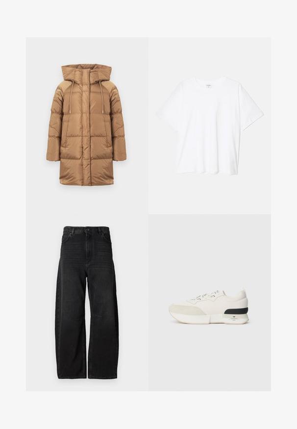 Smeđi pufasti kaput s kapuljačom, koji ima kroj s pokretnim šavovima, zatvaranje na vezicu i duge rukave. Glatki vanjski materijal s blago sjajnom završnom obradom.; Bijela pamučna majica s kratkim rukavima, okruglim izrezom, opuštenim krojem i šivenim rubom. Etiketa je vidljiva na unutarnjoj strani vrata.; Široke crne traperice od čvrstog materijala, sa visokim strukom, velikim prednjim dzepovima i čistim, minimalističkim dizajnom šavova.; Bijela tenisica s teksturiranim nubuk prednjim dijelom, glatkim mrežastim gornjim dijelom, dekorativnim vezicama i crnim gumiranim akcentom na peti.
