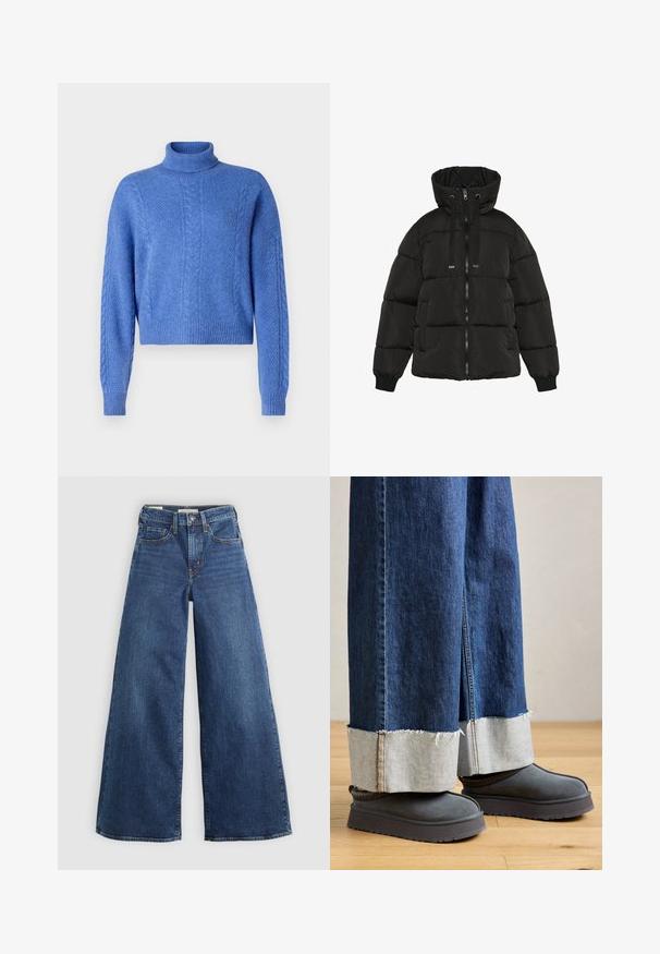 Kaffe NIKA PADDED - Talvejope - black deep; Lühendatud sinine sviiter kõrge kaelusega, millel on tekstuuritud kudumise mustrid ja soonikkoes varrukate otsad. Valmistatud pehmest ja soojast materjalist.; Laiad sinise denimi püksid viie taskuga, nupuga sulgemine ja kontrastõmblusega, omavad pehmet ja tekstuurset viimistlust.; Laiad jaladest denimpüksid franseeritud servaga, millel on kontrastne heledast denimist äär. Kombineeritud hallide seemisnahast saapadega, millel on paks tald.