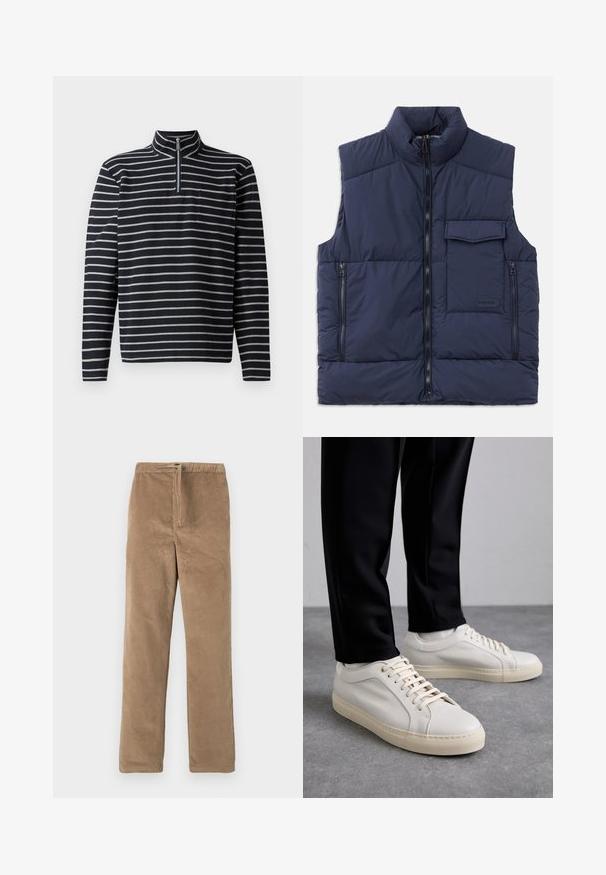 Tengerészkék párnázott mellény magas gallérral, elülső cipzáras záródással, két cipzáras oldalsó zsebbel és egy fedéllel ellátott zsebbel a mellkason. Simább textúra.; Sötétkék és szürke csíkos, hosszú ujjú pulóver, félig cipzáras gallérral és egy mellzsebbel, texturált anyagból készült.; Barna kordbársony nadrág, elasztikus derékrésszel és elöl húzózsinórral, egyenes lábbal, fehér háttéren bemutatva.; Világos bézs bőr sportcipő lapos fűzőkkel, texturált felülettel és kontrasztos krémszínű gumitalppal, fekete irodai nadrággal párosítva.