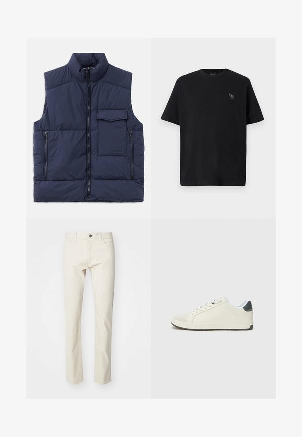 Marineblau gesteppte Weste mit hohem Kragen, Frontreißverschluss, zwei seitlichen Reißverschlusstaschen und einer Klapptasche auf der Brust. Glatte Textur.; Schwarz Baumwoll-T-Shirt mit kurzen Ärmeln, Rundhalsausschnitt und einem dezenten Pferdelogo in Grau, das auf der linken Brustseite gestickt ist.; Beige Baumwollhosen mit geradem Bein-Design, ausgestattet mit einem Knopfverschluss vorne, Gürtelschlaufen und seitlichen Taschen. Glatte Textur, unaufdringlicher Look.; Weißer Sneaker mit einem Obermaterial aus glattem Leder und grauen Akzenten an der Ferse. Verfügt über runde Schnürsenkel, eine strukturierte Vorderkappe und eine Gummisohle.