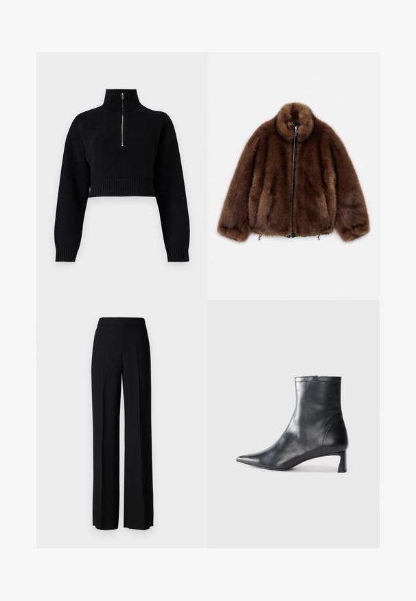 Giacca in ecopelliccia marrone con colletto alto, chiusura con zip e polsini elasticizzati. Presenta una texture morbida e un design arrotondato per un fit rilassato.; Maglione cropped nero con colletto alto, caratterizzato da una chiusura con zip a metà. Tessuto lavorato a maglia, maniche ampie e dettagli a coste sull'orlo.; Pantaloni neri a gamba larga con una texture liscia, dotati di una vita alta e pieghe centrali. Nessun motivo visibile o dettagli in metallo.; Stivaletto in pelle nera con punta affusolata e design elegante. Presenta un tacco basso e una chiusura con zip sul retro. Texture liscia.