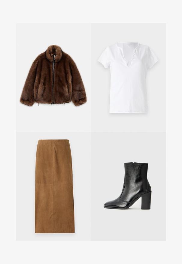 Brun imiteret pelsjakke med høj krave, lynlås og elastiske manchetter. Har en blød tekstur og rundet design for en afslappet pasform.; Hvid bomulds t-shirt med korte ærmer, en afslappet pasform og en V-udskæring med en knapstolpe med fem dekorative knapper.; Brun ruskind midi-nederdel med lige snit, glat tekstur og rene sømme. Har ingen synlige lukninger eller yderligere detaljer.; Sorte læder ankelstøvler med en glat overflade, spids tå og en chunky høj hæl. Har en sidelukning og minimalistisk design.