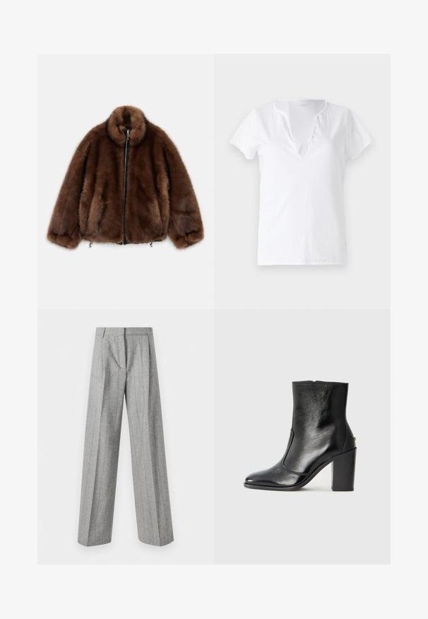 Brun imiteret pelsjakke med høj krave, lynlås og elastiske manchetter. Har en blød tekstur og rundet design for en afslappet pasform.; Hvid bomulds t-shirt med korte ærmer, en afslappet pasform og en V-udskæring med en knapstolpe med fem dekorative knapper.; Høj talje grå bukser med lodrette striber og brede lige ben, præsenteret mod en hvid baggrund.; Sorte læder ankelstøvler med en glat overflade, spids tå og en chunky høj hæl. Har en sidelukning og minimalistisk design.