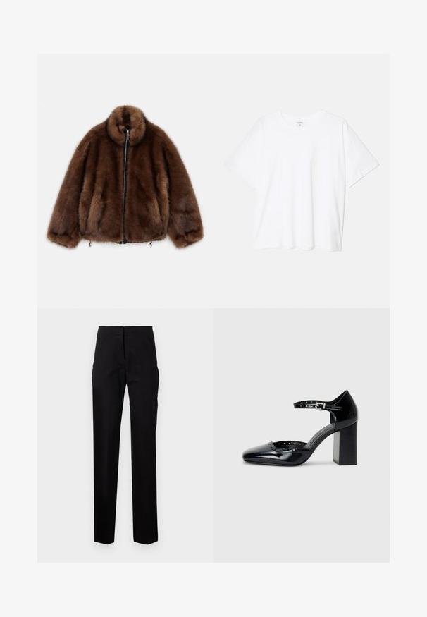 Ruskea keinoturkistakki, jossa on korkea kaulus, vetoketjukiinnitys ja joustavat hihan suut. Takissa on pehmeä rakenne ja pyöristetty muotoilu rentoa istuvuutta varten.; Valkoinen puuvillapaita lyhyillä hihoilla, pyöreällä pääntiellä, rentoa tyyliä ja ommeltu helma. Tunniste näkyvissä sisäkauluksessa.; Mustat räätälöidyt housut suoran lahkeen muotoilulla, joissa on litteä etuosa, vyölenkit ja sivutaskut. Sileä kangas, jossa on vähäisia ompeluyksityiskohtia.; Musta lakattu nahkainen korkokenkä neliskanttisen kärjen, nilkkaremmin ja paksun koron kanssa. Mukana reikäkuviointi reunassa.