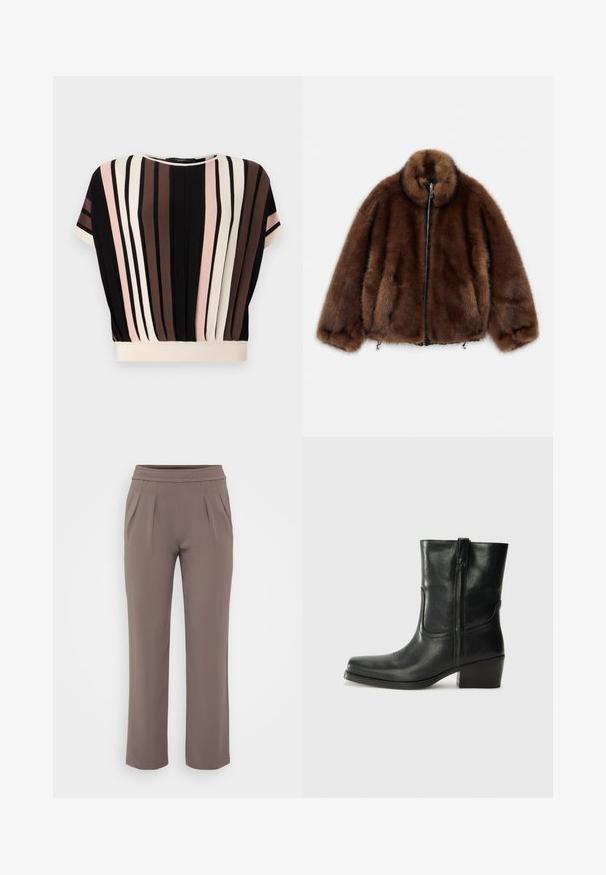 Braune Kunstfelljacke mit hohem Kragen, Reißverschluss und elastischen Bündchen. Verfügt über eine weiche Textur und ein abgerundetes Design für eine entspannte Passform.; Kurzärmliges Oberteil mit vertikalen Streifen in Schwarz, Creme, Rosa und Braun. Verfügt über einen runden Halsausschnitt und eine bequeme Passform mit einem cremefarbenen Saum.; Taupe-lockere Hose mit elastischem Bund und vorderen Falten, gefertigt aus glattem Stoff.; Schwarze Leder-Ankle Boots mit runder Zehenform, Blockabsatz, seitlichem Reißverschluss und gestickten Akzenten auf dem Blatt. Glatte Textur, klassisches Design.