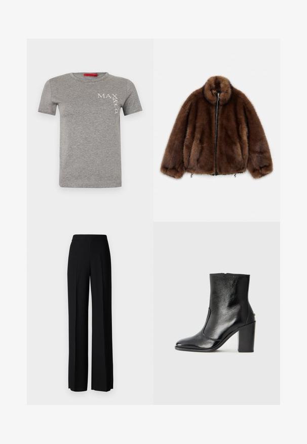 Brun imiteret pelsjakke med høj krave, lynlås og elastiske manchetter. Har en blød tekstur og rundet design for en afslappet pasform.; Grå bomulds t-shirt med rund hals, korte ærmer, der har et hvidt logo "MAX&Co." i skrå skrifttype på venstre side.; Sorte vide benbukser med en glat tekstur, der har en høj talje og centerfolder. Ingen synlige mønstre eller hardware detaljer.; Sorte læder ankelstøvler med en glat overflade, spids tå og en chunky høj hæl. Har en sidelukning og minimalistisk design.